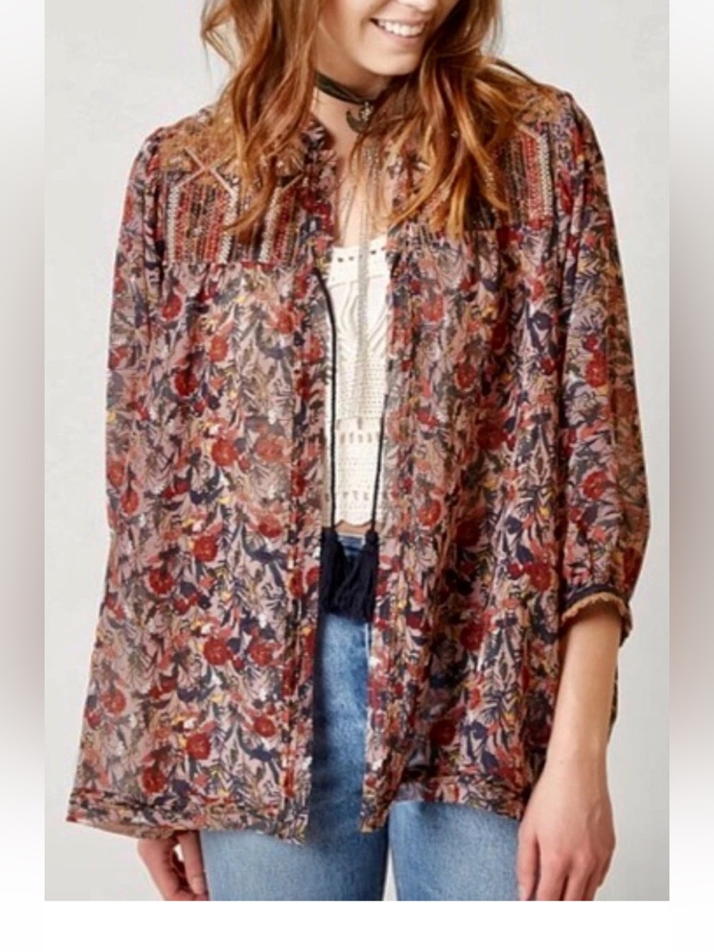 gimmicks by BKE Floral Button-Front Blouse in Red and Blue women size small